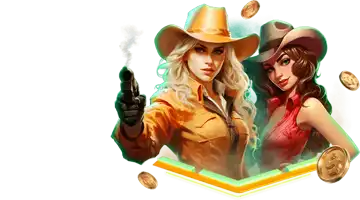 Image of two female cowboys with gold coins, symbolizing the Cowboy Caches Tournament at Drip Casino.