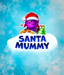  Discover the quirky "Santa Mummy" slot game by Belatra, showcasing a mummified Santa dressed in festive holiday attire. This colorful image presents the mummy with a vivid purple hue, wearing a Santa hat, surrounded by snowy blue and icy snowflakes. The game's title, "Santa Mummy," is clearly shown in large, frost-like blue letters.